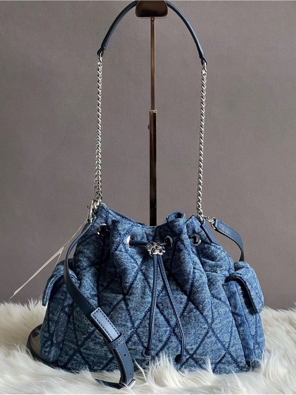 183603 - Tory Burch Charlie Quilted Denim Drawstring Shoulder Bag